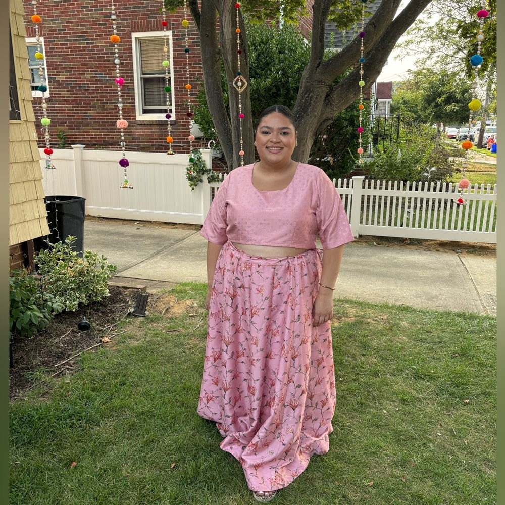 Indian Women’s Plus Size - Pink Poly Silk Foil Printed Lehenga Choli Dupatta